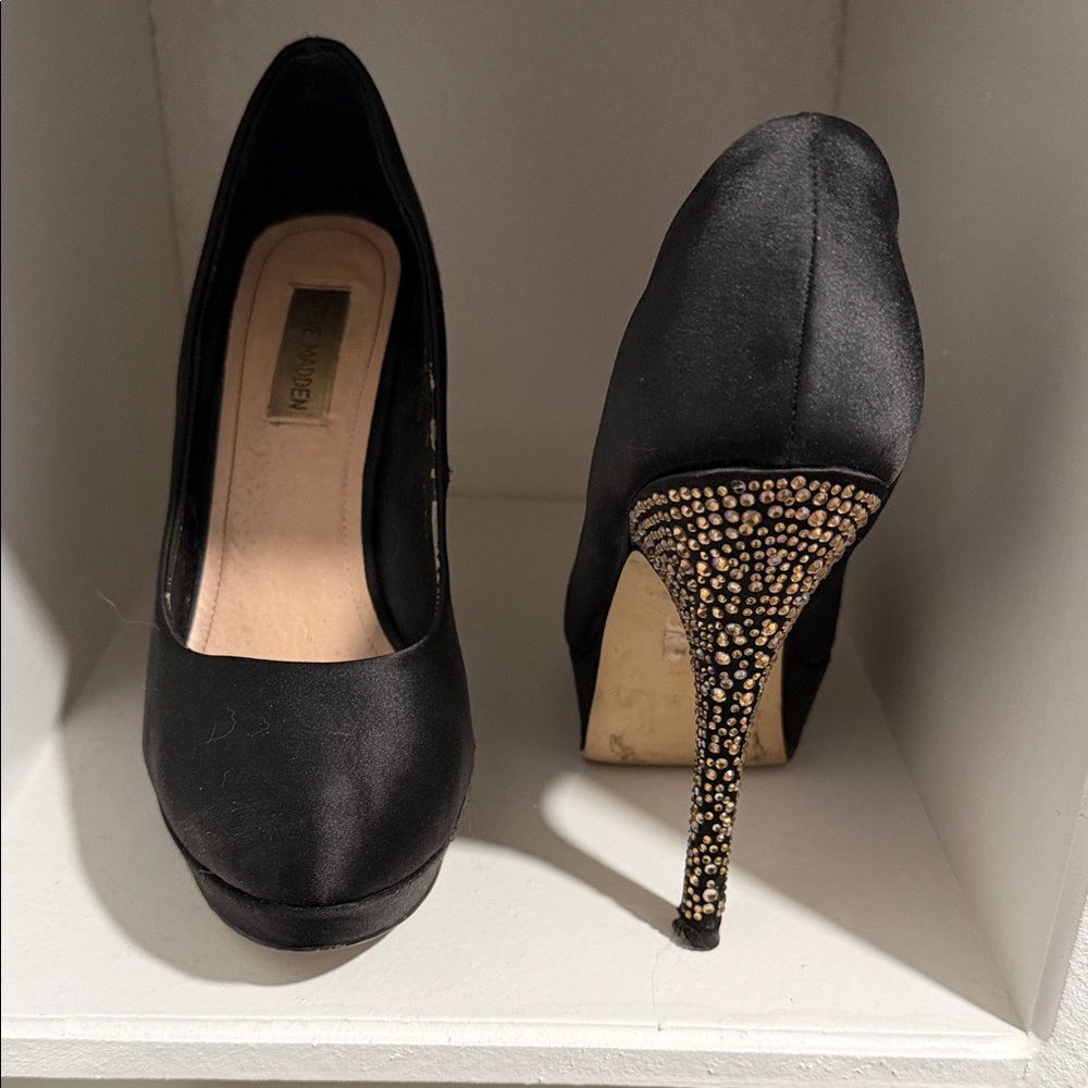 Steve Madden Black Satin Heels with Gold Rhinestones